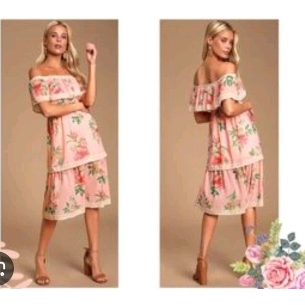 NWT Lulu's Dress S Off Shoulder Tiered Midi Floral Picnic Pink Prairie Cottage